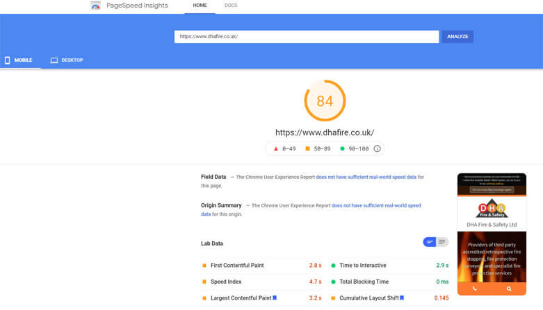 Google Page Speed Score for DHA FIre mobile Google Page Speed Score for DHA FIre mobile