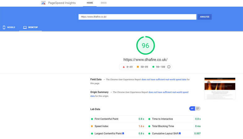 Google Page Speed Score for DHA FIre desktop Google Page Speed Score for DHA FIre desktop